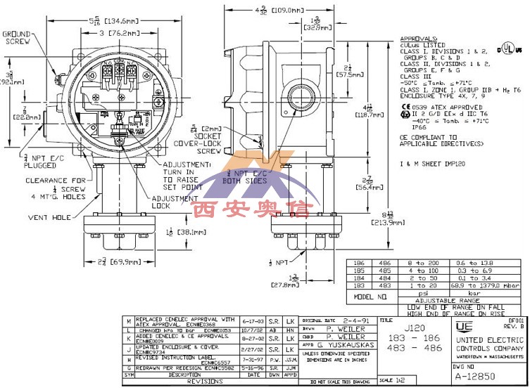 J120-183美国UE防爆开关氟橡胶防腐压力开关