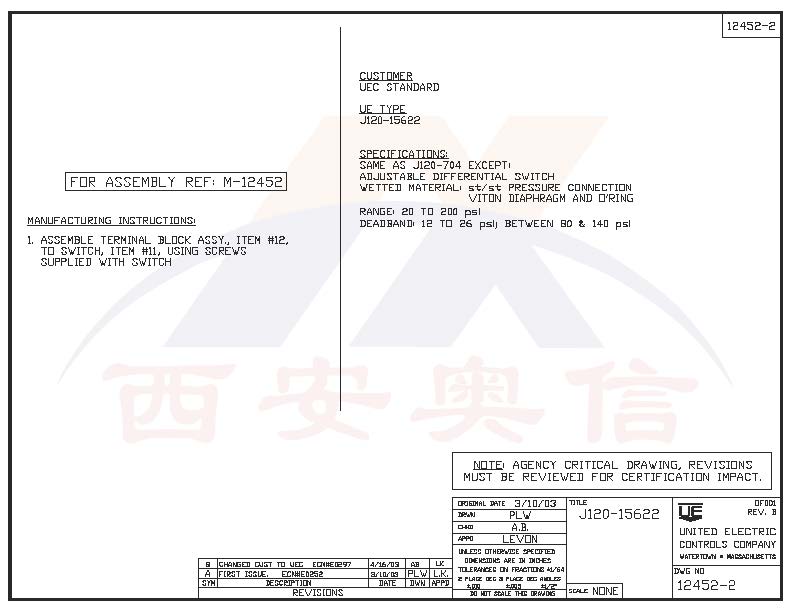 J120-15622防爆开关氟橡胶膜片1.4-13.8bar美国UE压力开关