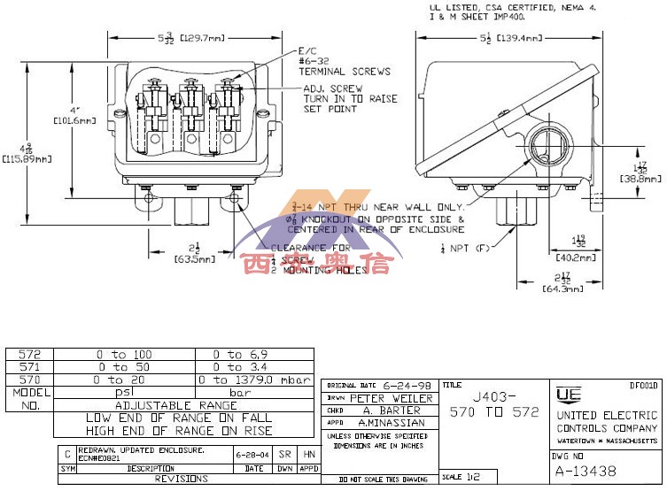 UE开关J403-572-M408美国UE压力开关CCC三点压力控制器6.9bar
